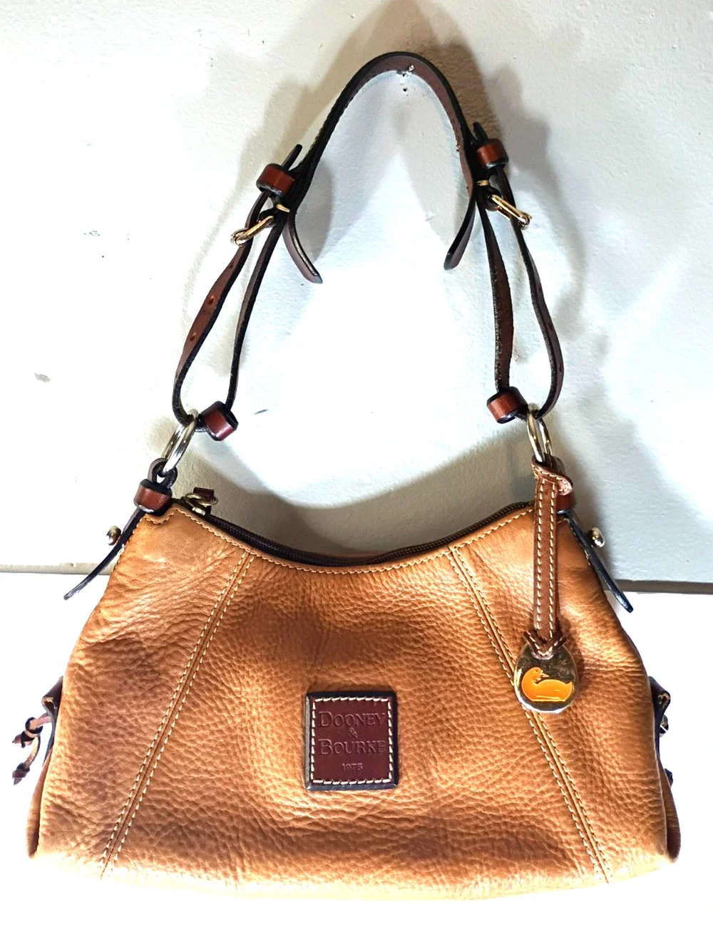 Dooney & Bourke Tan Pebbled Leather Hobo Bag Duck Charm Shoulder Purse